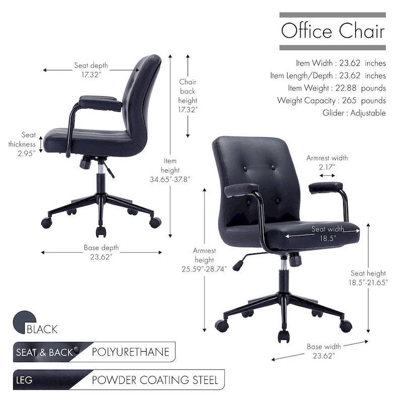 Porthos Home Ames Faux Leather Office Chair with Steel Roller Base, Central Tilt System