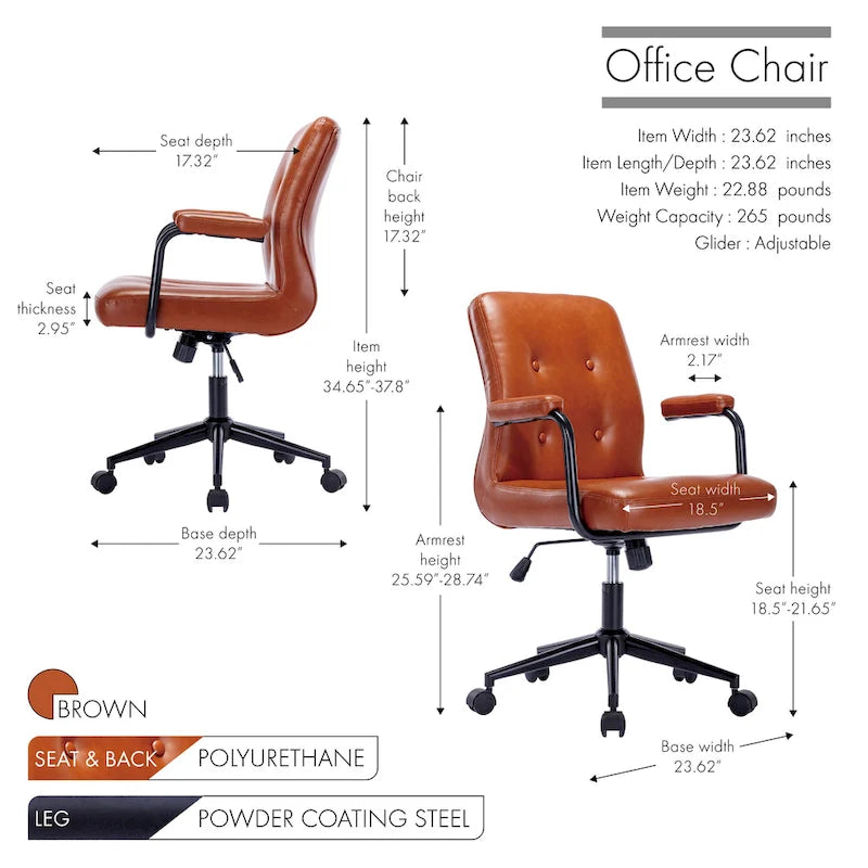 Porthos Home Ames Faux Leather Office Chair with Steel Roller Base, Central Tilt System
