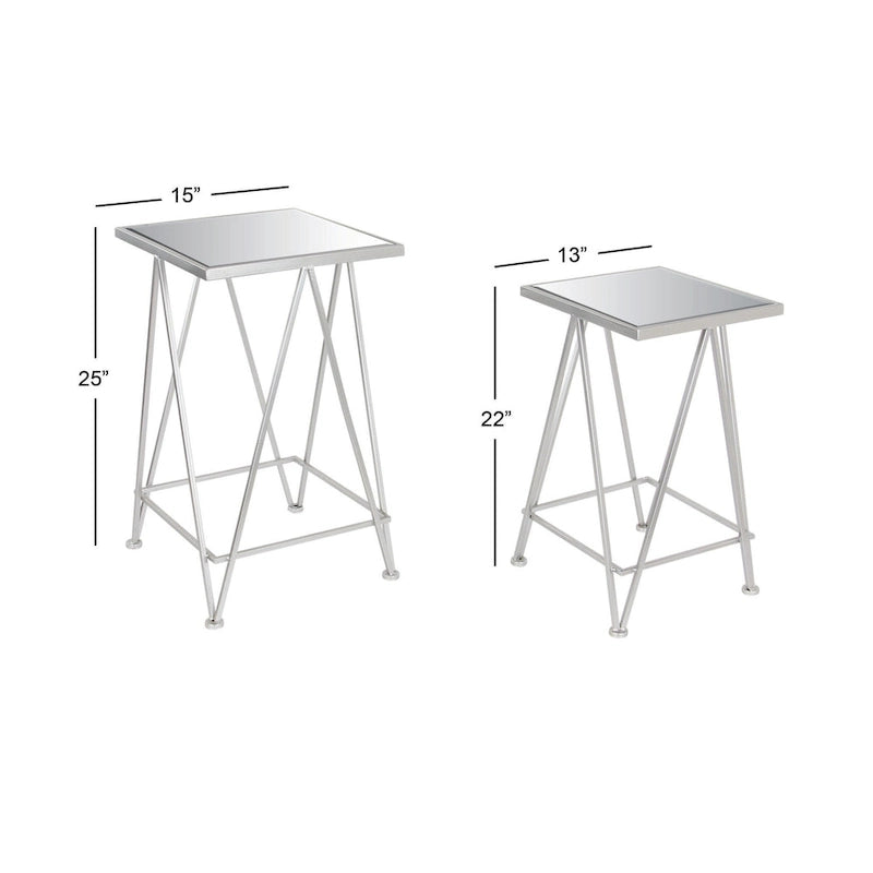 Gold, Silver or Black Metal Contemporary Accent Table with Mirrored Glass Top (Set of 2) - 15 x 15 x 25