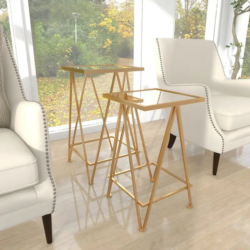 Gold, Silver or Black Metal Contemporary Accent Table with Mirrored Glass Top (Set of 2) - 15 x 15 x 25