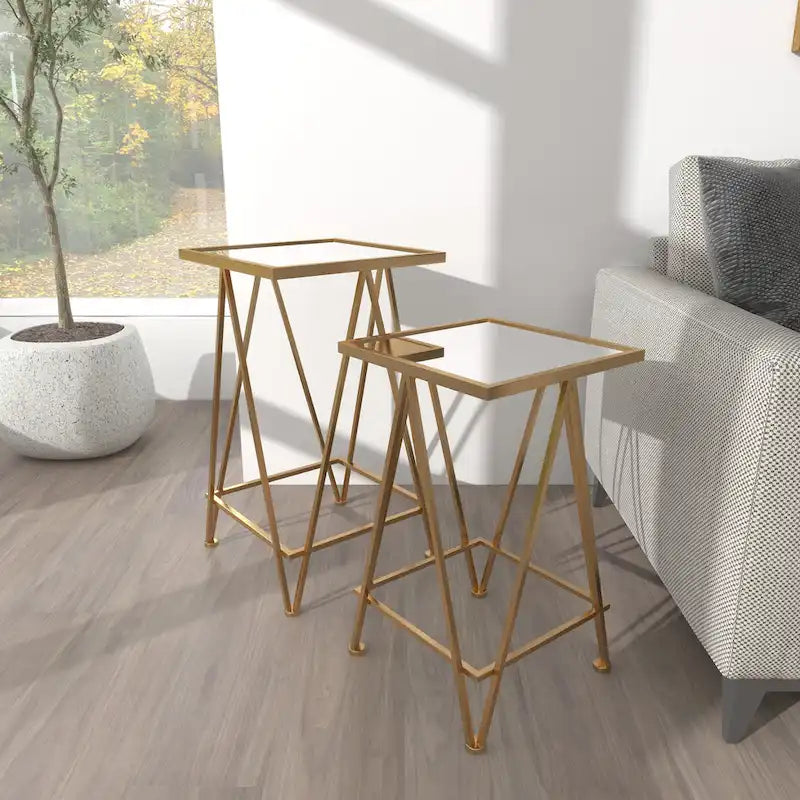 Gold, Silver or Black Metal Contemporary Accent Table with Mirrored Glass Top (Set of 2) - 15 x 15 x 25