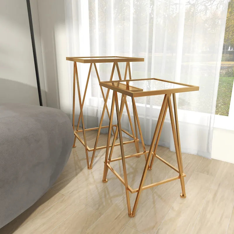 Gold, Silver or Black Metal Contemporary Accent Table with Mirrored Glass Top (Set of 2) - 15 x 15 x 25