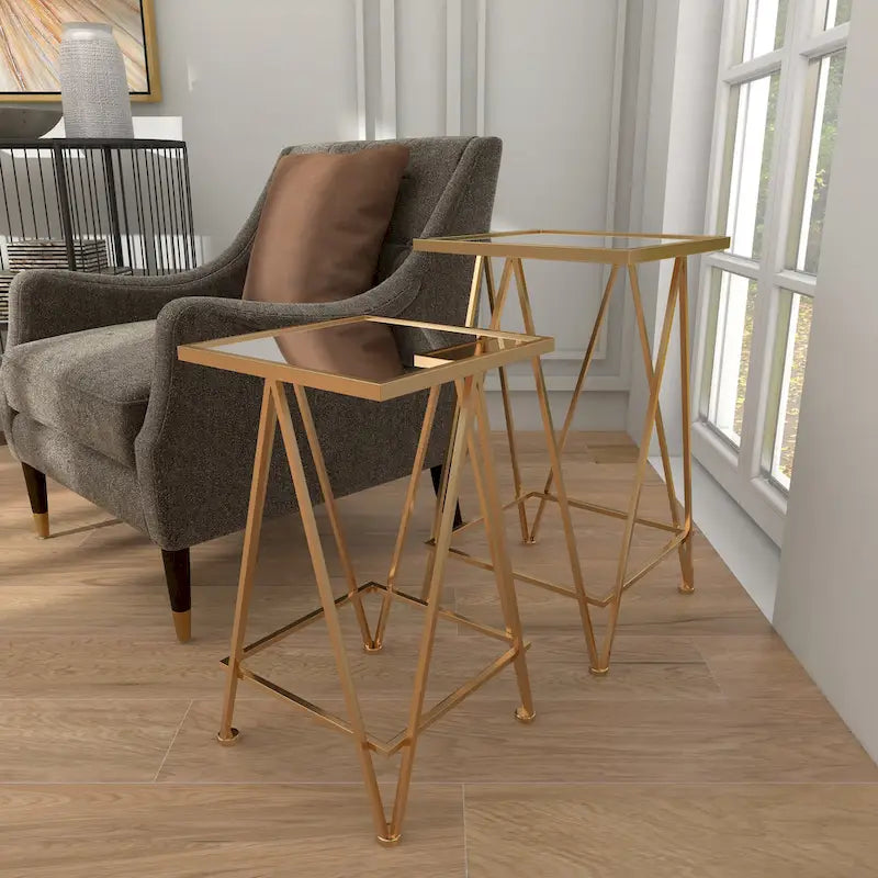 Gold, Silver or Black Metal Contemporary Accent Table with Mirrored Glass Top (Set of 2) - 15 x 15 x 25