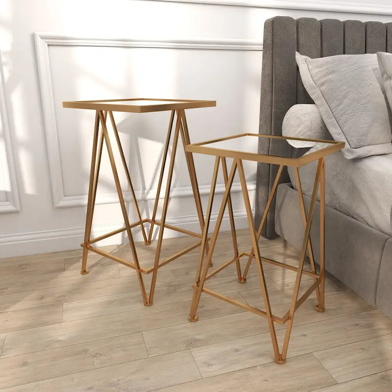 Gold, Silver or Black Metal Contemporary Accent Table with Mirrored Glass Top (Set of 2) - 15 x 15 x 25