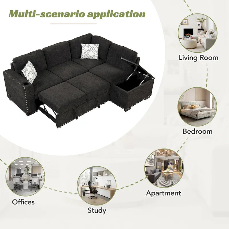 83.8  Sectional Pull-Out Sofa Bed L-Shaped Corner Sofa Couch with Storage Chaise, USB Ports, Power Sockets, Cup Holder for Livin