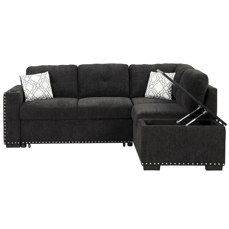 83.8  Sectional Pull-Out Sofa Bed L-Shaped Corner Sofa Couch with Storage Chaise, USB Ports, Power Sockets, Cup Holder for Livin