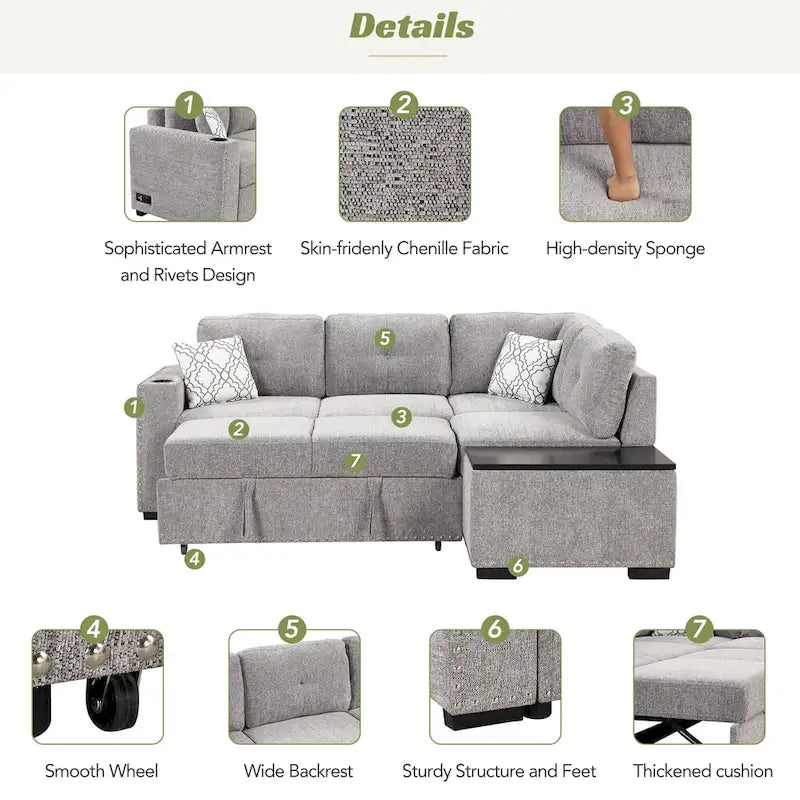 83.8  Sectional Pull-Out Sofa Bed L-Shaped Corner Sofa Couch with Storage Chaise, USB Ports, Power Sockets, Cup Holder for Livin