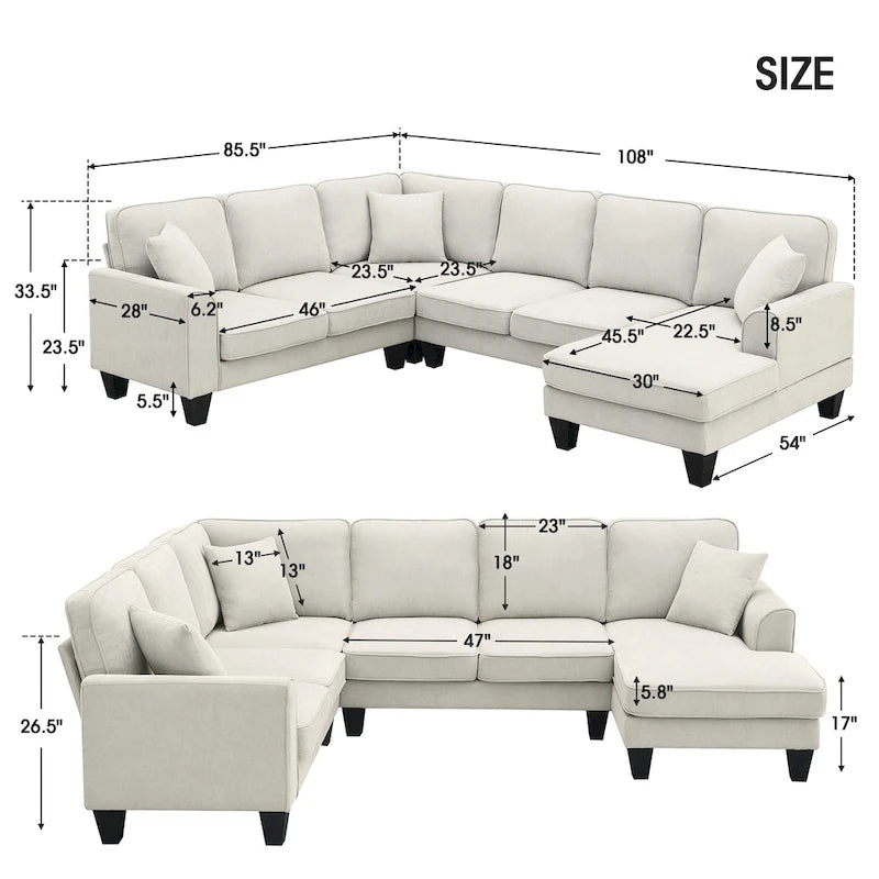 [VIDEO provided] [New] 108*85.5  Modern U Shape Sectional Sofa, 7 Seat Fabric Sectional Sofa Set with 3 Pillows Included for Liv