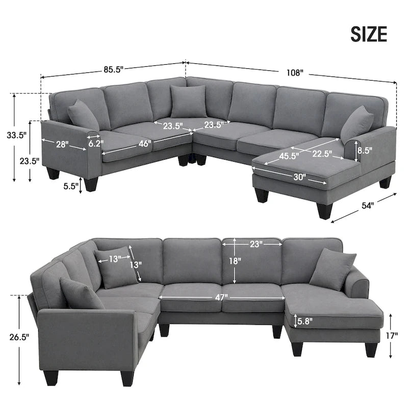 [VIDEO provided] [New] 108*85.5  Modern U Shape Sectional Sofa, 7 Seat Fabric Sectional Sofa Set with 3 Pillows Included for Liv