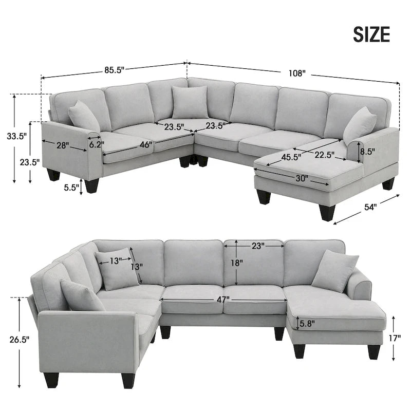 [VIDEO provided] [New] 108*85.5  Modern U Shape Sectional Sofa, 7 Seat Fabric Sectional Sofa Set with 3 Pillows Included for Liv