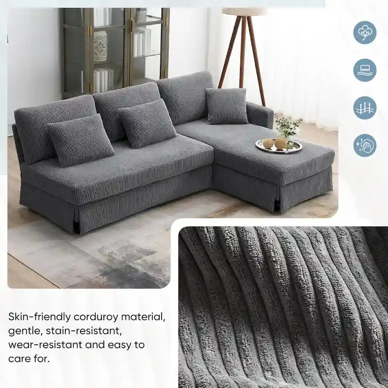 [VIDEO provided][New]87*61 Modern L-shaped Corduroy Sofa with Reversible Chaise,4-seat Upholstered Sectional Indoor Furniture,Co