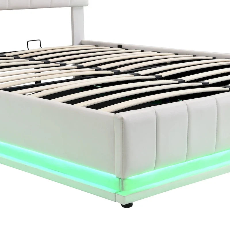 Queen Size Upholstered Bed with Hydraulic Storage System and LED Light, Modern Platform Bed with Sockets and USB Ports, Black