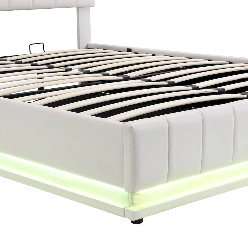Queen Size Upholstered Bed with Hydraulic Storage System and LED Light, Modern Platform Bed with Sockets and USB Ports, Black