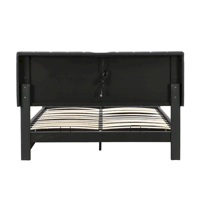 Queen Size Upholstered Bed with Hydraulic Storage System and LED Light, Modern Platform Bed with Sockets and USB Ports, Black