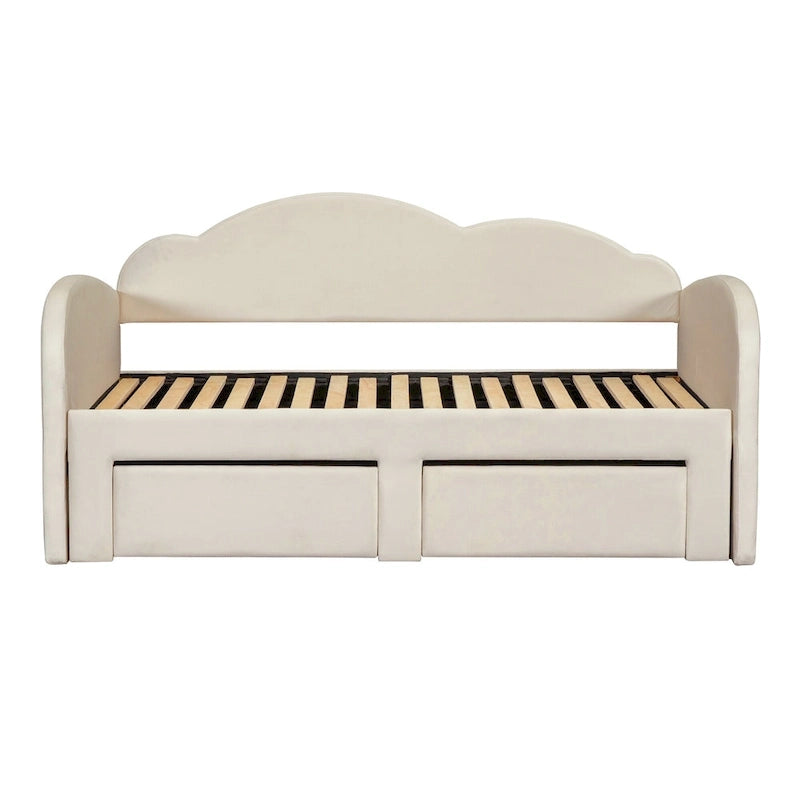 Twin Size Upholstered daybed with Cloud-Shaped Backrest, Trundle & 2 Drawers and USB Ports, Beige
