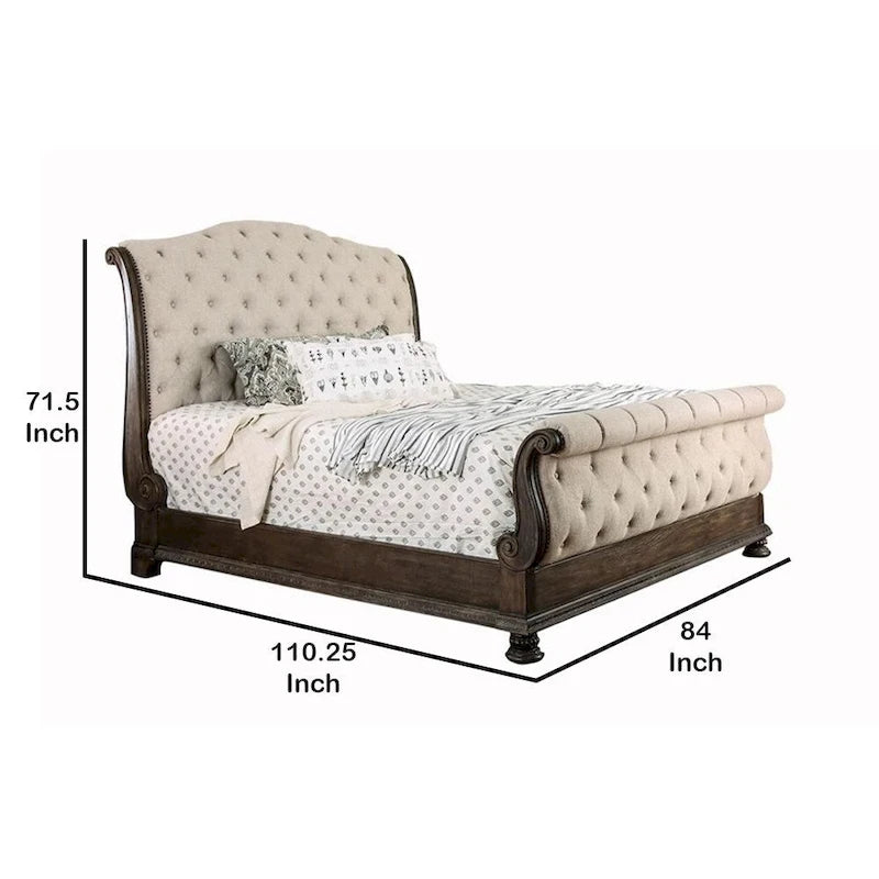 California King Bed with Sleigh Headboard and Footboard, Brown and Beige