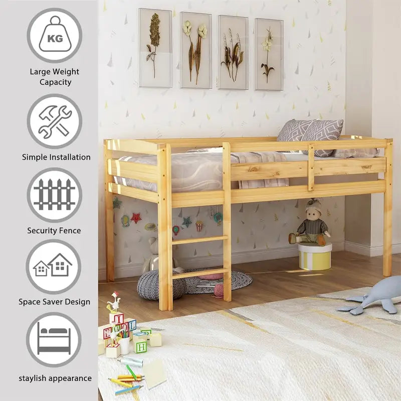 Merax Twin Wood Low Loft Bed with Ladder for Kids
