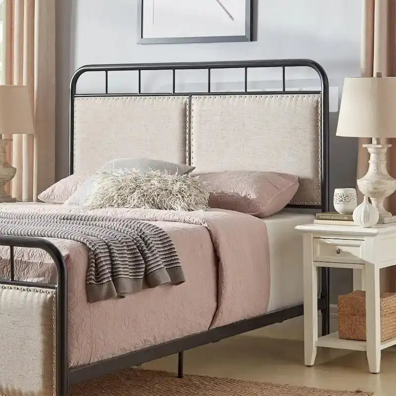 Bridgette Beige Upholstered Black Metal Queen Bed by iNSPIRE Q Classic