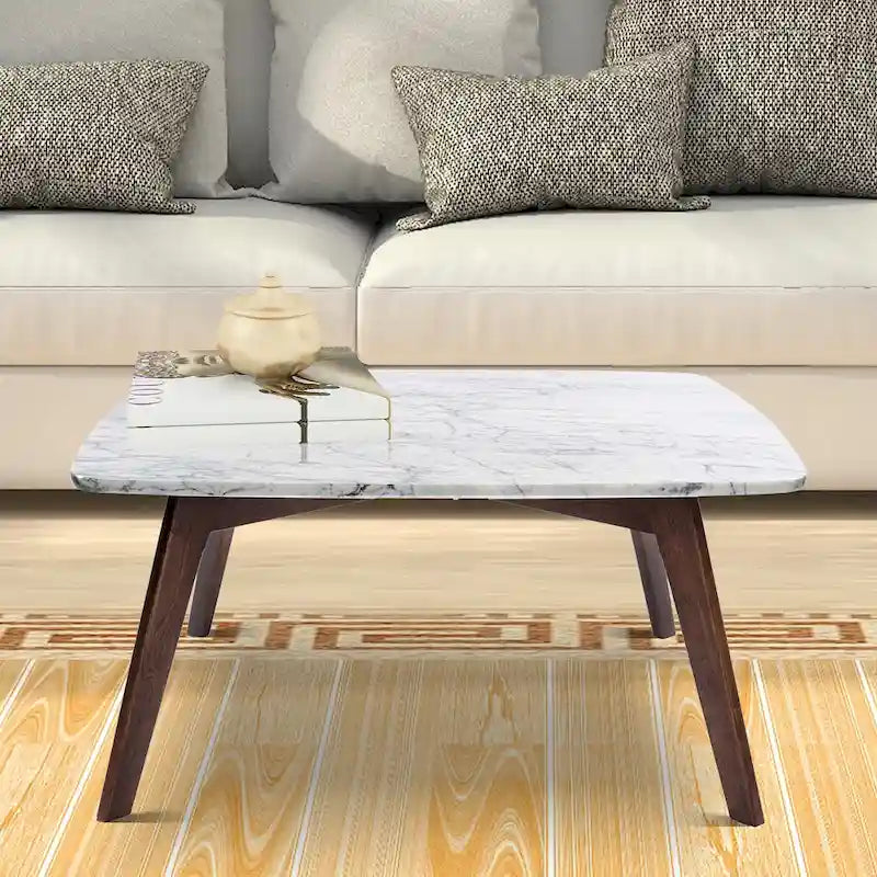 Vezzana 31  Square Italian Carrara White Marble Coffee Table with Walnut Legs