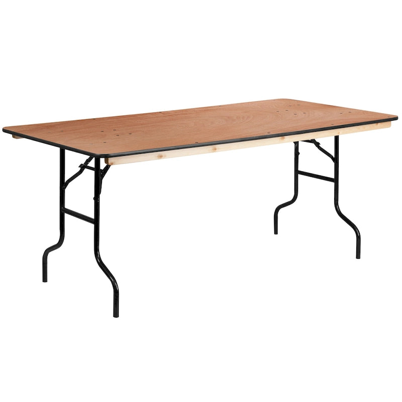6-Foot Rectangular Wood Folding Banquet Table with Clear Coated Finished Top