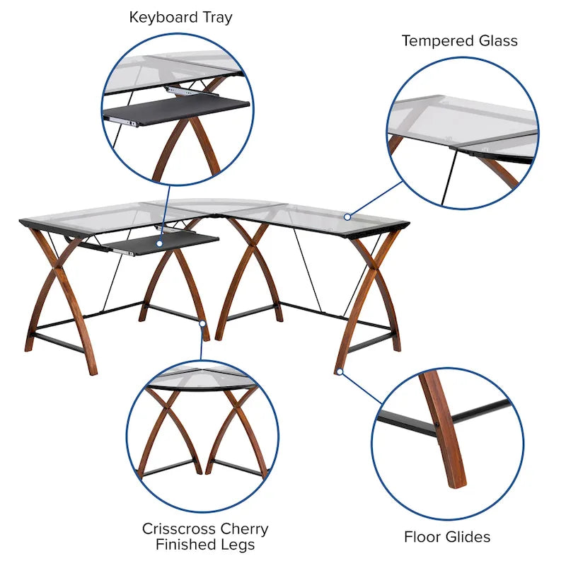Glass L-Shape Corner Computer Desk with Pull-Out Keyboard Tray