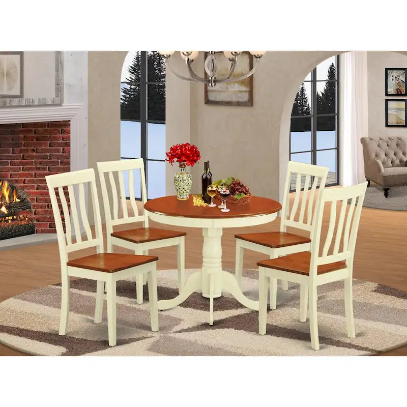 East West Furniture 5 Piece Modern Dining Table Set Includes a Round Kitchen Table and 4 Dining Chairs, Buttermilk & Cherry