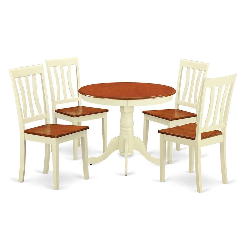 East West Furniture 5 Piece Modern Dining Table Set Includes a Round Kitchen Table and 4 Dining Chairs, Buttermilk & Cherry