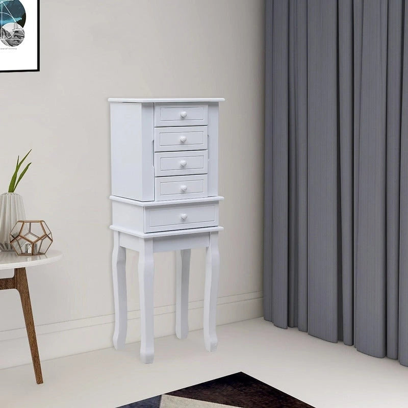 Standing Jewelry Armoire with Mirror, 5 Drawers, 8 Necklace Hooks & 2 Side Swing Doors(White)