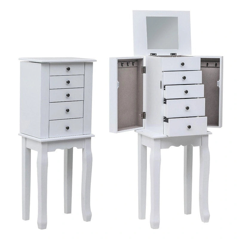 Standing Jewelry Armoire with Mirror, 5 Drawers, 8 Necklace Hooks & 2 Side Swing Doors(White)
