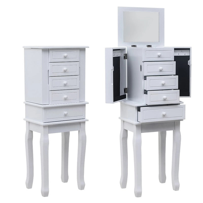 Standing Jewelry Armoire with Mirror, 5 Drawers, 8 Necklace Hooks & 2 Side Swing Doors(White)
