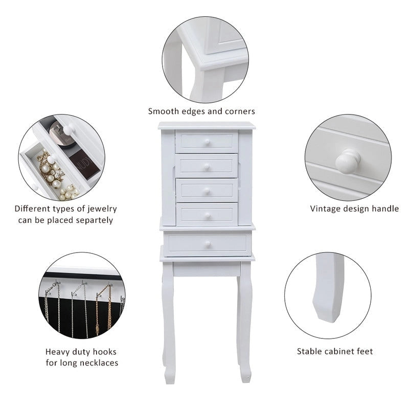 Standing Jewelry Armoire with Mirror, 5 Drawers, 8 Necklace Hooks & 2 Side Swing Doors(White)