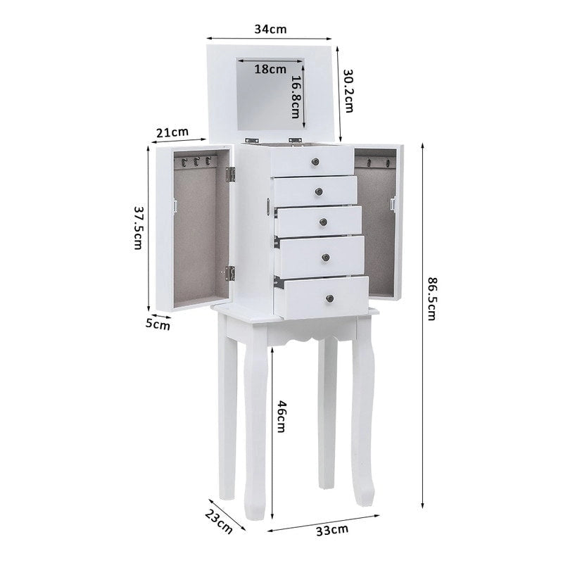 Standing Jewelry Armoire with Mirror, 5 Drawers, 8 Necklace Hooks & 2 Side Swing Doors(White)