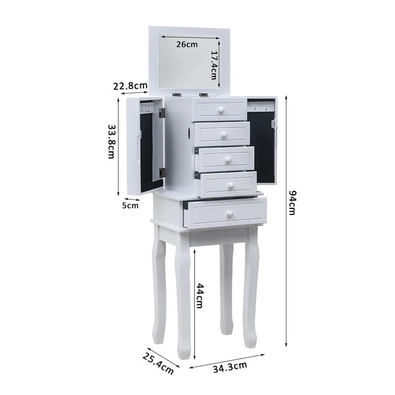 Standing Jewelry Armoire with Mirror, 5 Drawers, 8 Necklace Hooks & 2 Side Swing Doors(White)