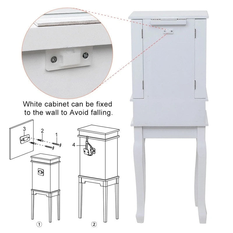 Standing Jewelry Armoire with Mirror, 5 Drawers, 8 Necklace Hooks & 2 Side Swing Doors(White)