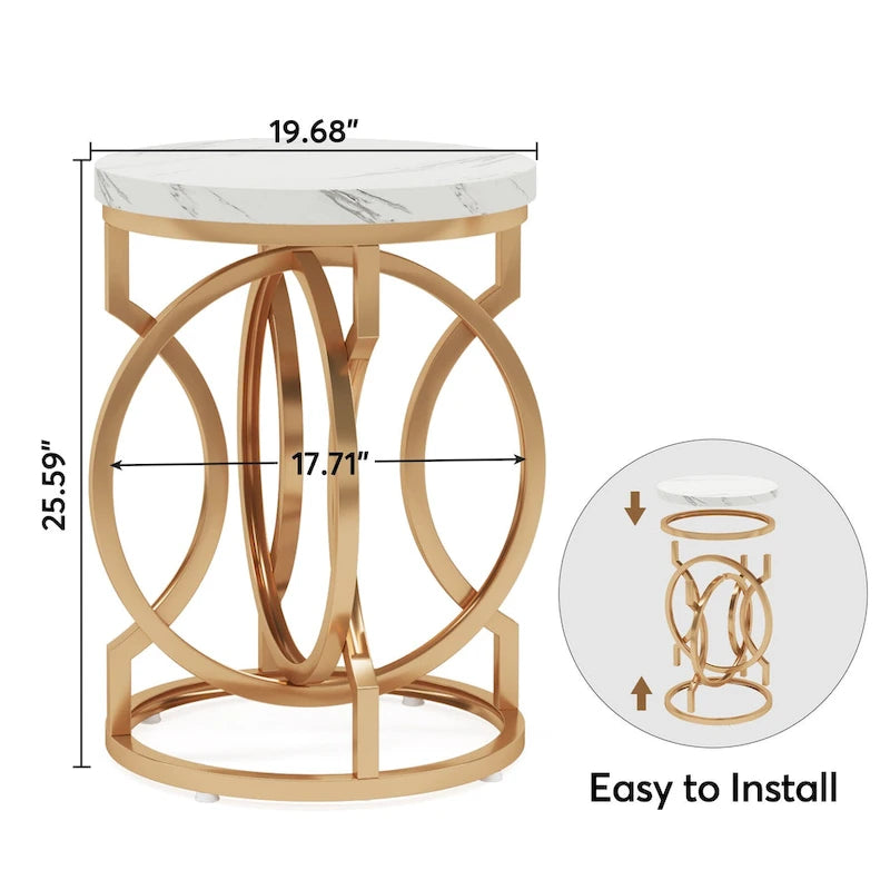 Gold End Table, Round Side Table with Faux Marble Top