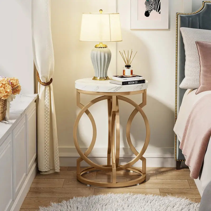 Gold End Table, Round Side Table with Faux Marble Top