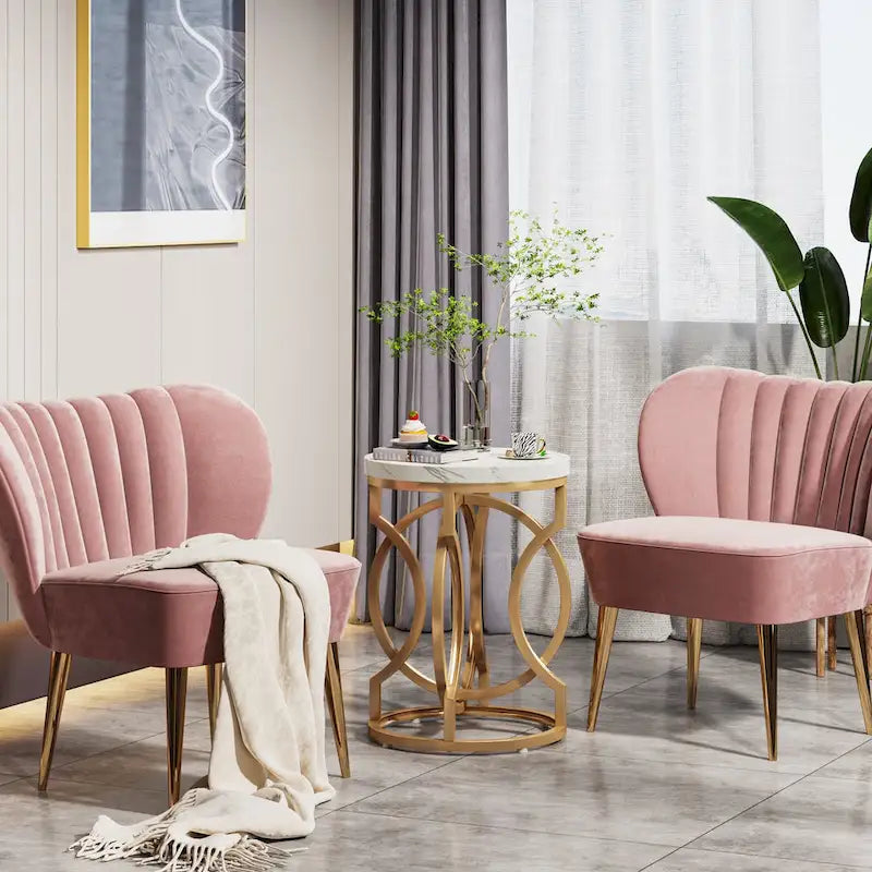 Gold End Table, Round Side Table with Faux Marble Top