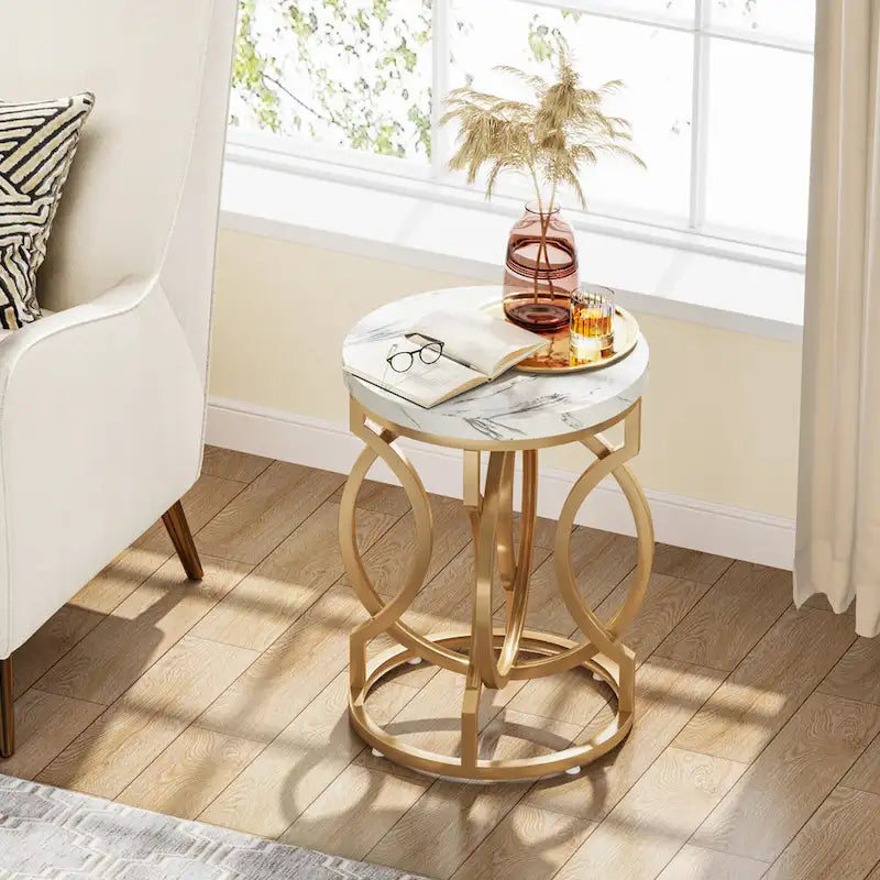 Gold End Table, Round Side Table with Faux Marble Top