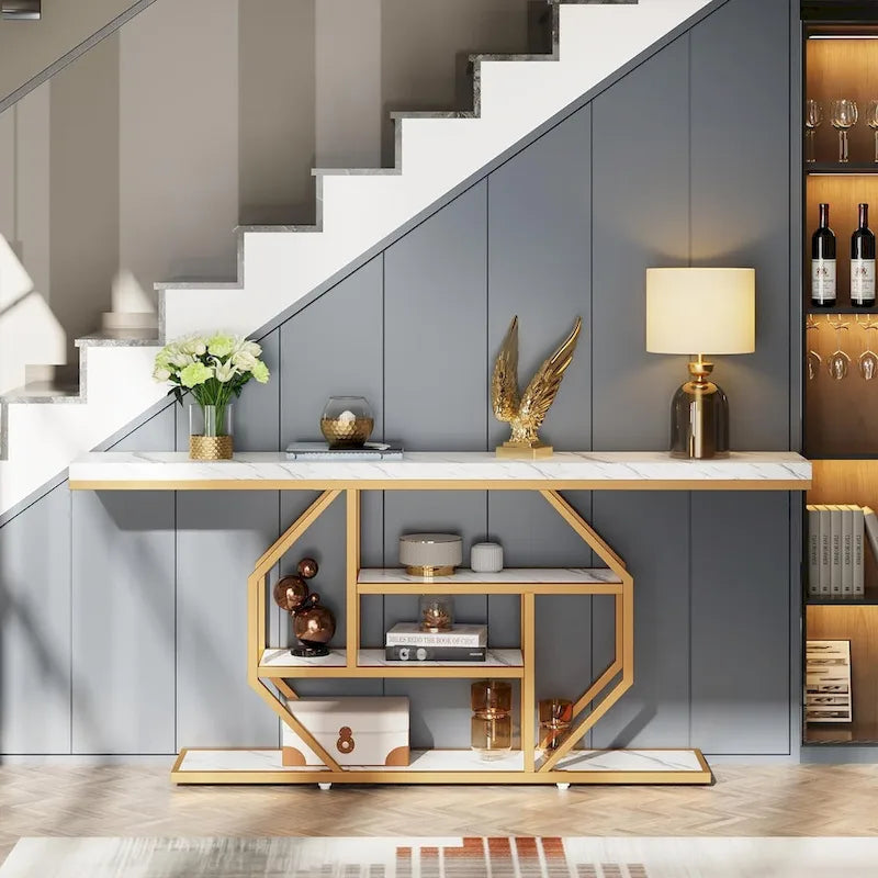 70.9 inch Extra Long Console Table, Modern Behind Couch Sofa Table, Faux Marble Entryway Table for Living Room, Hallway