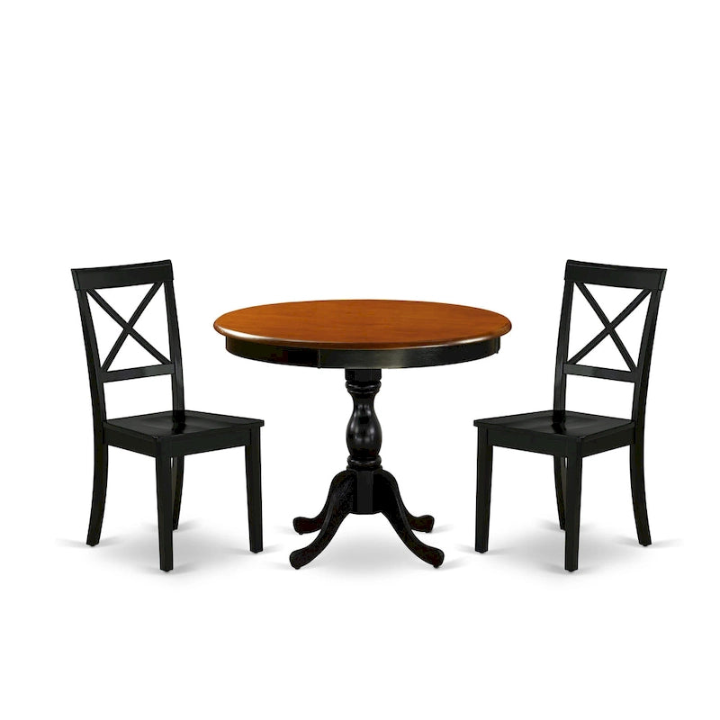 East West Furniture 3 Piece Kitchen Table Set- A Round Dining Table and Wooden Seat Chairs, Black & Cherry (Pieces Options)