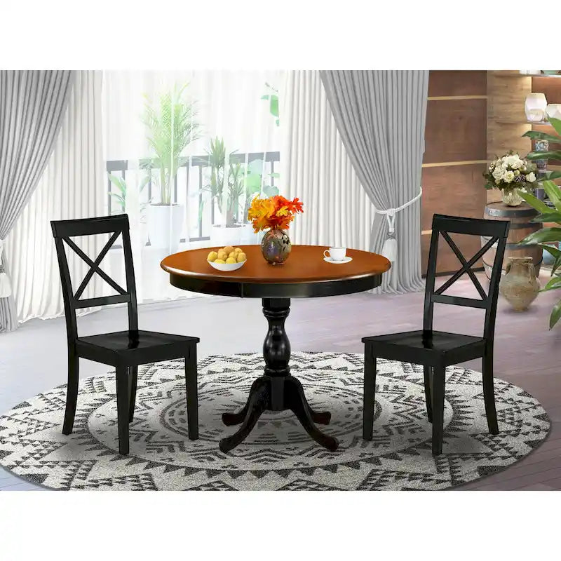 East West Furniture 3 Piece Kitchen Table Set- A Round Dining Table and Wooden Seat Chairs, Black & Cherry (Pieces Options)