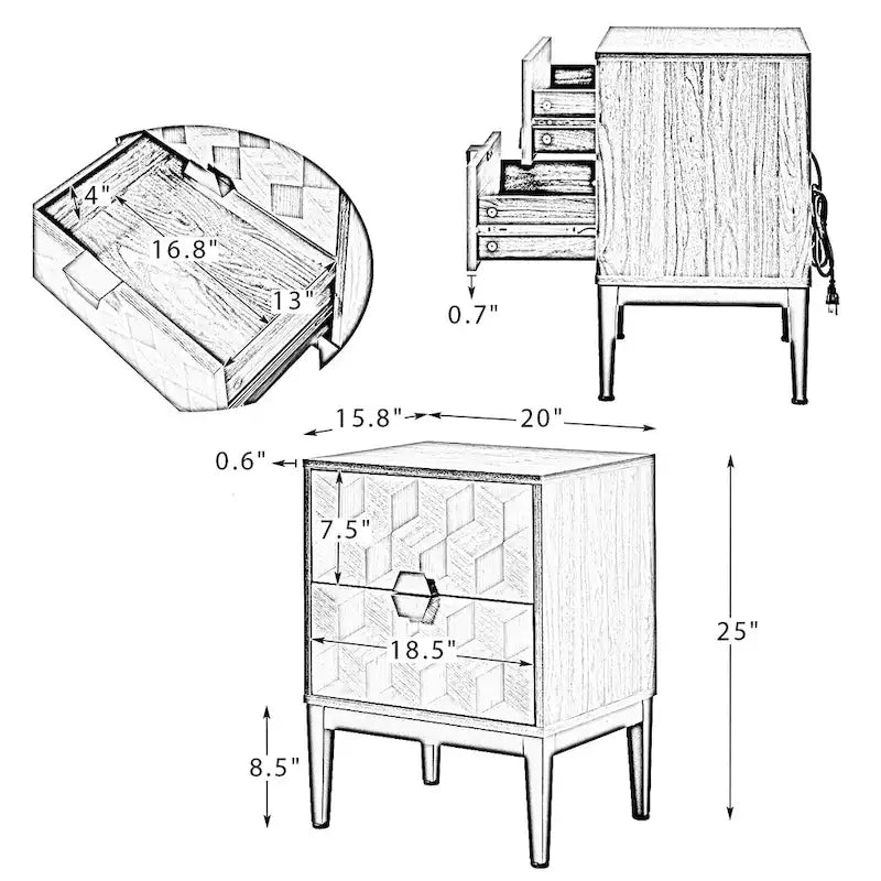 Apakah Modern 25 Tall 2-Drawer Nightstand with Charging Station and Adjustable Legs Set of 2 by HULALA HOME
