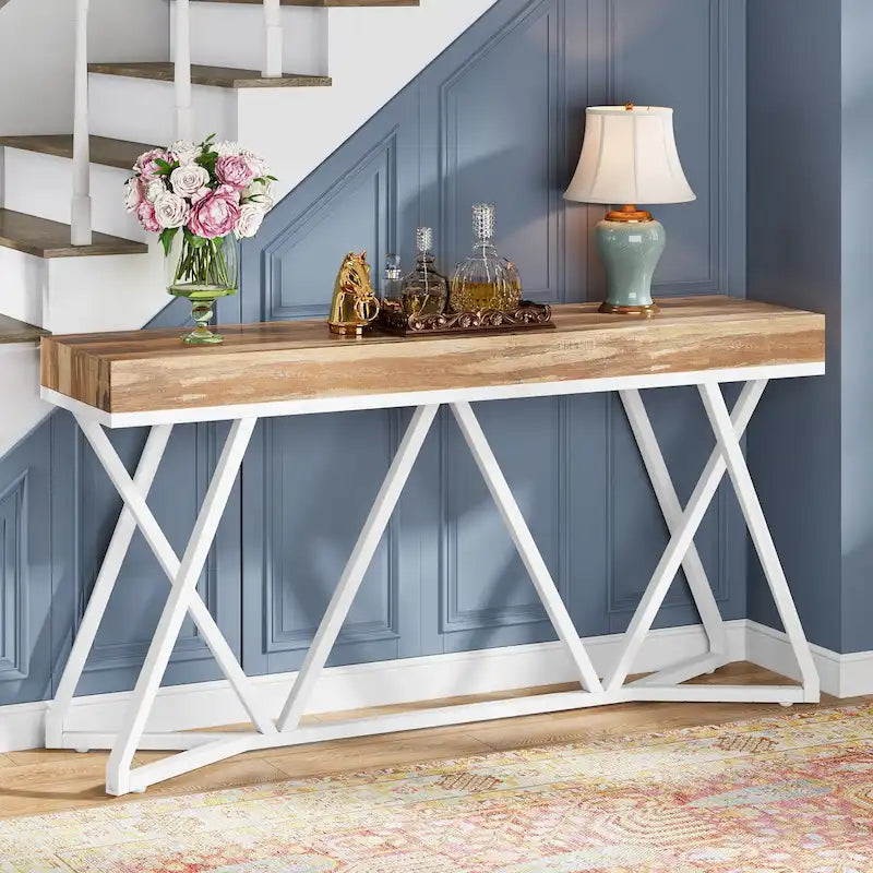 55 Inch Wood Console Table, Sofa Table Entryway Table with Unique Metal Legs