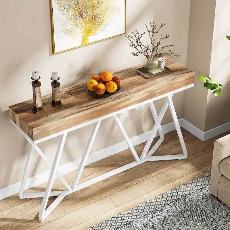 55 Inch Wood Console Table, Sofa Table Entryway Table with Unique Metal Legs