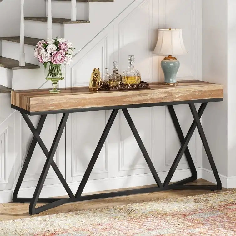 55 Inch Wood Console Table, Sofa Table Entryway Table with Unique Metal Legs