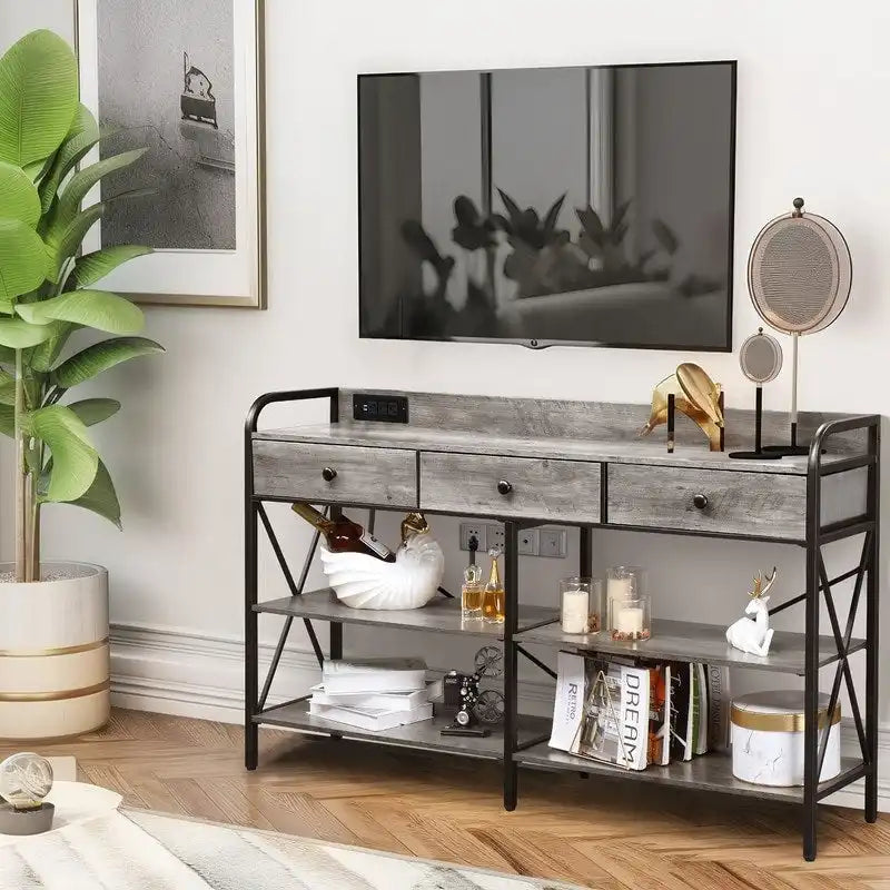 Console Table with Outlets and USB Ports, Narrow Entryway Table with 3-Drawer