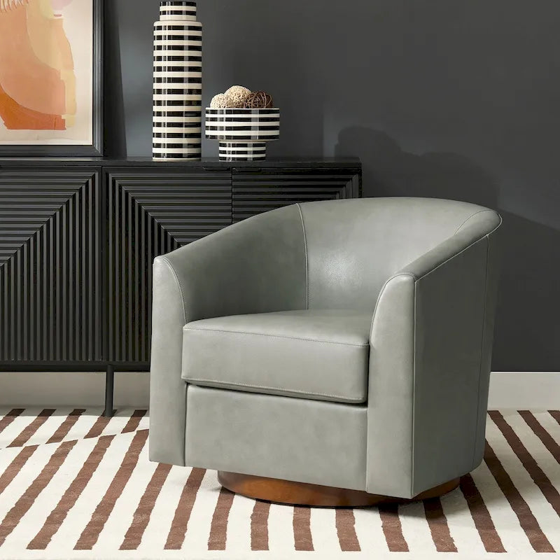 Althea Modern Genuine Leather Swivel Barrel Chair with Solid Wood Base By HULALA HOME