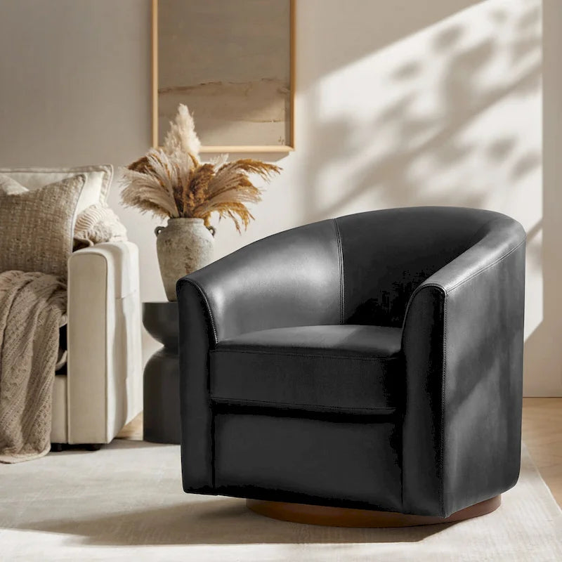 Althea Modern Genuine Leather Swivel Barrel Chair with Solid Wood Base By HULALA HOME