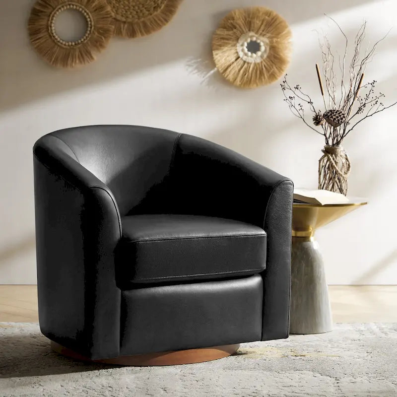 Althea Modern Genuine Leather Swivel Barrel Chair with Solid Wood Base By HULALA HOME