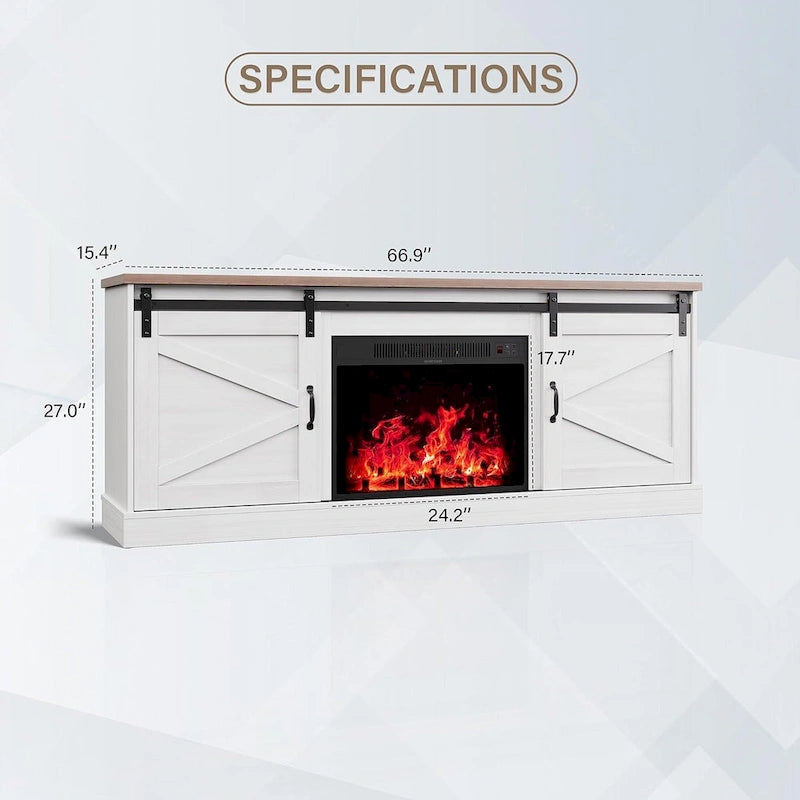 67  Farmhouse TV Stand with Large Cabinet with Sliding Barn Door & Fireplace